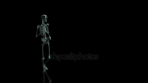 Скелет танцует на отражающем черном полу — стоковое видео