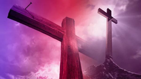 Drewniany krzyż z nieba z błyszczącymi promienie — Zdjęcie stockowe