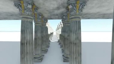 Klasik beyaz Yunan tarzı sütunlar. 3D animasyon ve canlandırma