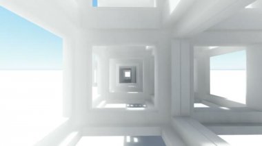 Modern mavi soyut kiriş inşaat aracılığıyla hızlı uçuş. 3D render animasyon