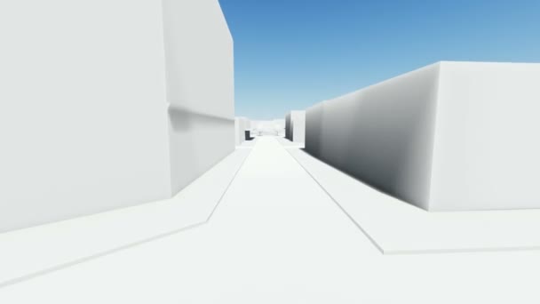 Vol à travers une ville abstraite avec des bâtiments blancs.