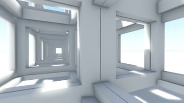 Modern mavi soyut kiriş inşaat aracılığıyla hızlı uçuş. 3D render animasyon-