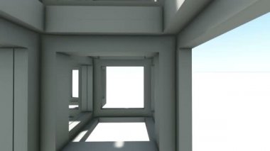 Modern mavi soyut kiriş inşaat aracılığıyla hızlı uçuş. 3D render animasyon-