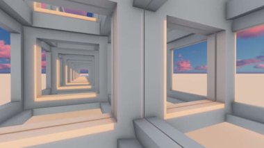 Modern mavi soyut kiriş inşaat aracılığıyla hızlı uçuş. 3D render animasyon-