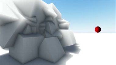 Soyut 3d beyaz kaotik poligonal yapı ve kırmızı topu boş dijital iç taşıma