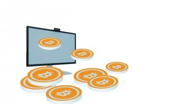 Cryptocurrency teknoloji ve mobil bankacılık. Altın bitcoins sinek taşındıktan yığın para düz stil içinde laptop monitör