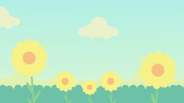 Yeşil otlar, çiçekler ve mavi gökyüzü bulutlu 2D animasyon