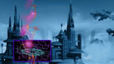 şehrin gelecekte hud öğe ve uzay gemisi ile 3D animasyon
