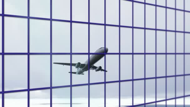 Відбиття Літака Літає Над Хмарами Вікнах Хмарочосів — стокове відео
