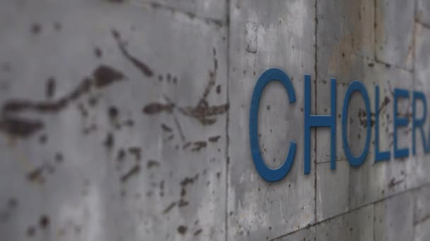 Close up Shooting metal wall with word cholera — Stock Video