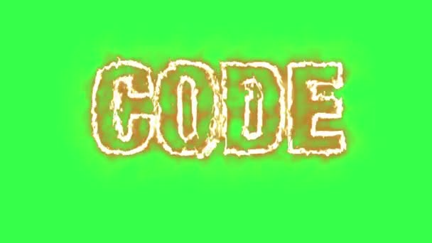 Animación de texto de la palabra CODE ardiendo en el fuego - pantalla verde — Vídeos de Stock