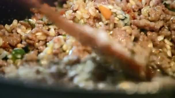 Carne mezclada con verduras fritas en la sartén — Vídeo de stock