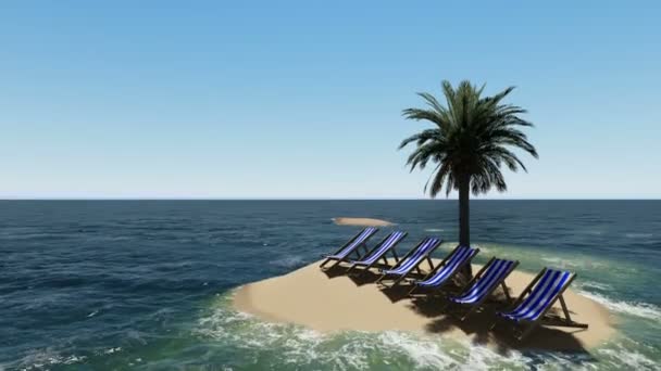 Cadeiras sob um guarda-chuva na praia por dia ensolarado e palmeiras — Vídeo de Stock