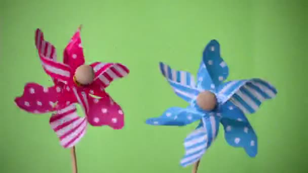 Pinwheel speelgoed draaien op een stok op een groen scherm-achtergrond — Stockvideo