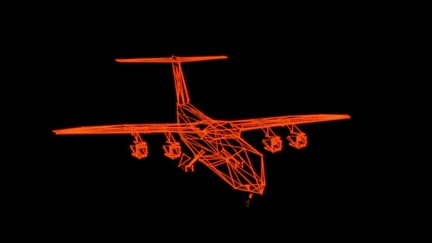 Flugzeugdrahtrahmenmodell isoliert auf schwarz - 3D-Rendering — Stockvideo