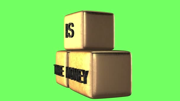 3d rendering of  golden cubes with word "time is money" rotate on green screen — Stock Video