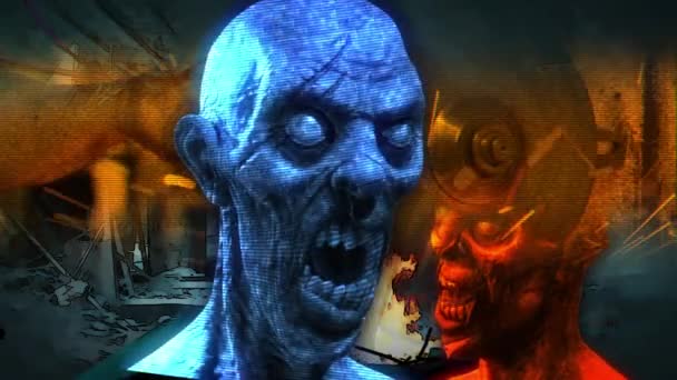 Animación Estilo Holograma Horror Zombie Con Efectos Medios Mixtos Dos — Vídeo de stock