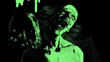 Çizgi film yarım ton tarzında animasyon. Bir arı sürüsü tarafından saldırıya uğrayan zombi yüzü.