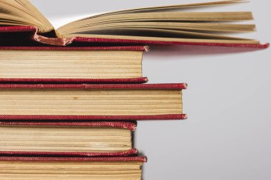 Beyaz gri arka planda sarı sayfaları olan bir yığın eski kırmızı ciltli kitap..