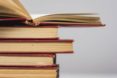 Beyaz gri arka planda sarı sayfaları olan bir yığın eski kırmızı ciltli kitap..