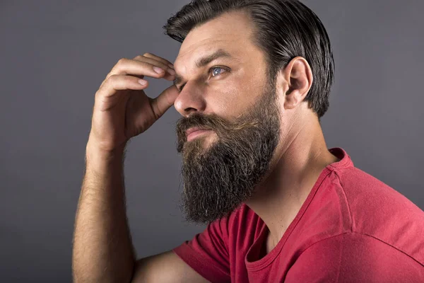 Closeup Portrait Young Man Thinking Hard Isolated Gray Background — Stock Photo, Image