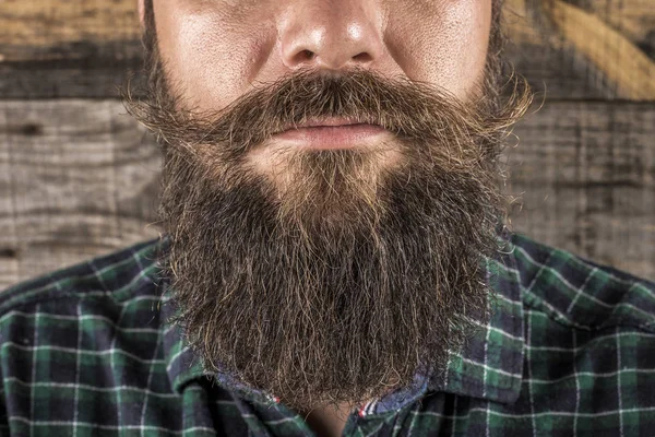 Close Man Beard Mustache Wooden Background Perfect Beard — стоковое фото