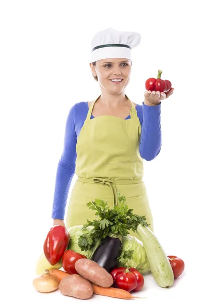 Beautiful Young Chef Holding Red Fresh Pepper White Background — Stock Photo, Image