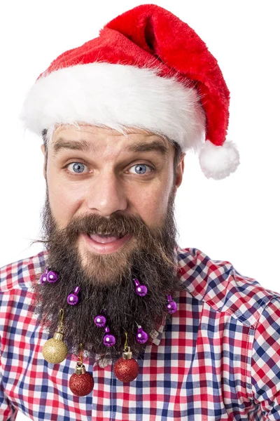Primo Piano Ritratto Uomo Divertente Con Palline Natale Colorate Nella — Foto Stock