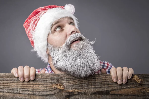 Closeup Handsome Man Long Beard Moustache Wearing Red Santa Claus — Stock Photo, Image
