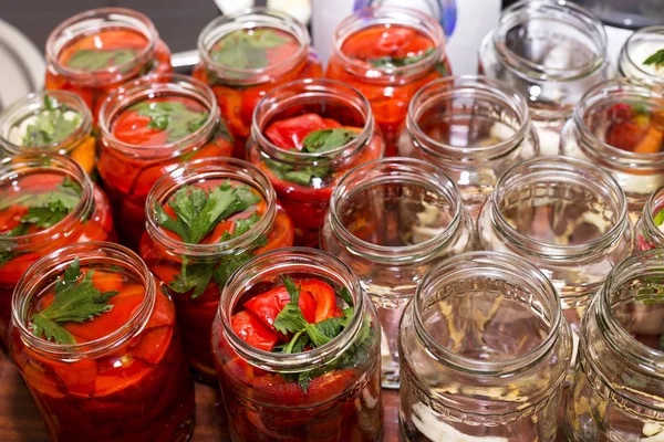 Closeup Pickled Red Sweet Peppers Glass Jars — Stock Photo, Image