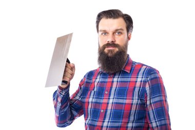 sakallı adam tutarak beyaz izole duvar aracı hakkında