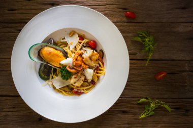 Closeup Linguine deniz ürünleri