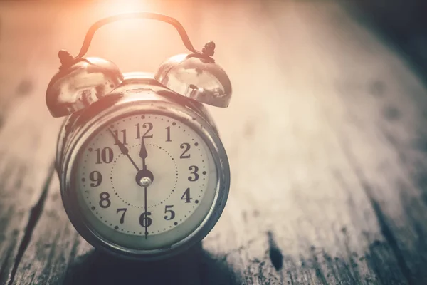 Retro Alarm Clock Wood Table Vintage Filter — Stock Photo, Image