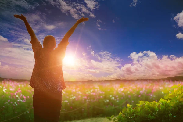 Cheering Woman Open Arms Sunrise Flowers Garden Nature Life — Stock Photo, Image