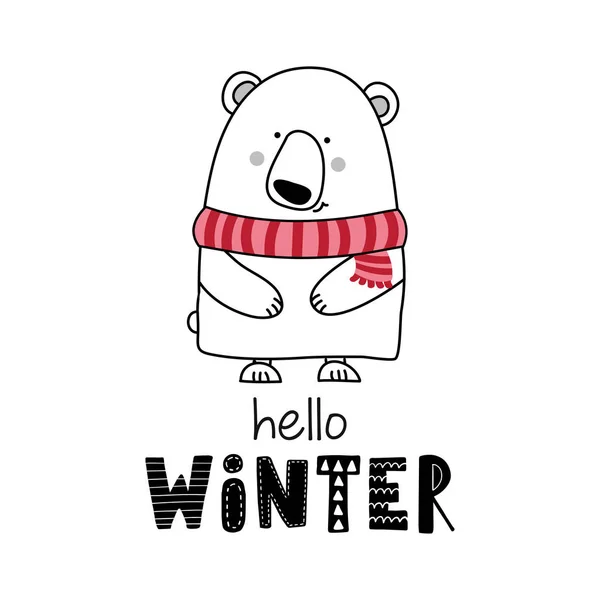 Hello Winter Симпатичный Дизайн Полярного Медведя Смешная Нарисованная Вручную Головоломка — стоковый вектор