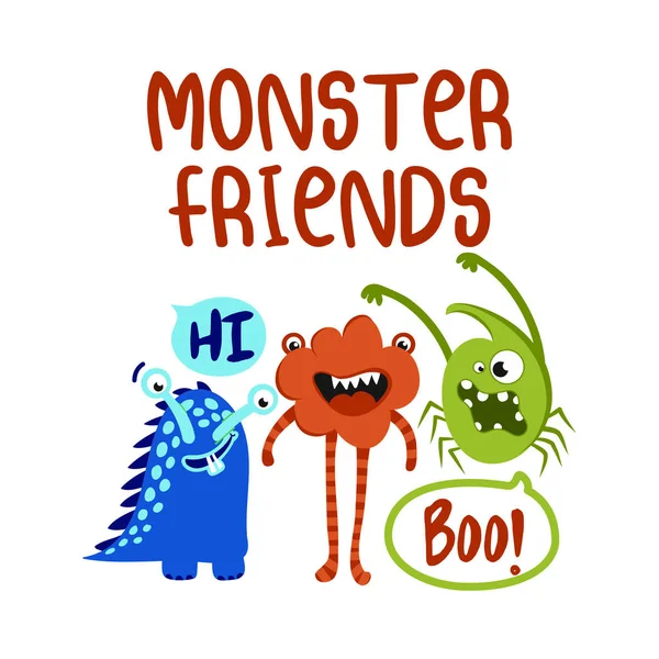 Monster Friends Design Impressão Com Personagens Besta Doodle Mão Engraçado —  Vetores de Stock