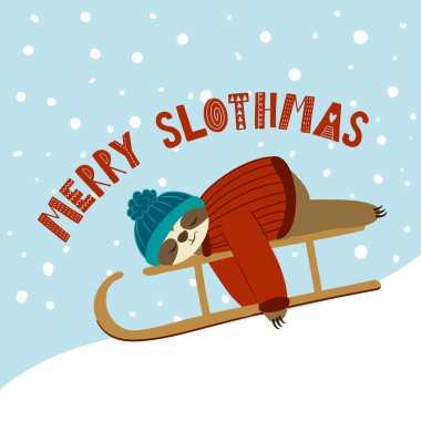 Mutlu Slothmalar - Noel için kızaklı şirin tembel hayvan dolu tebrik kartı. Noel tebrik kartları, davetiyeler için el yazması mektuplar. Tişört, kupa, hatıra defteri, hediye..