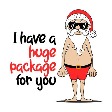 I Have A Huge Package For You - Santa to creep out friends and family this holiday season. Dirty joke Santa quote. Hand drawn lettering for Xmas greetings cards, invitations. Good for t-shirt, mugs.