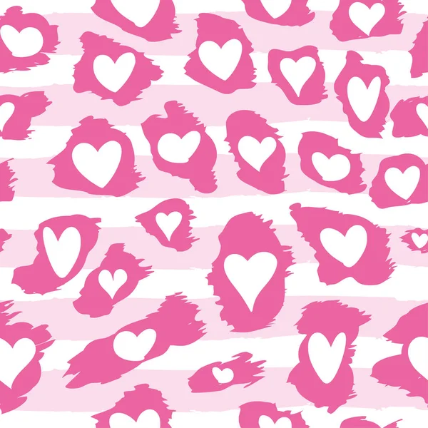 豹纹图案设计与情人节的心 有趣的画无缝图案与粉红色和玫瑰色的白色心脏 出租海报或T恤衫 纺织品图案设计 包装纸 — 图库矢量图片