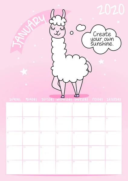2020 January Calendar Calligraphy Phrase Llama Doodle Create Your Own — Stock Vector