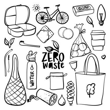 Sıfır atık logosu yeniden kullanılabilir öğeler veya ürünler - Eko tarzı. Plastik yok. Yeşile git. Poster tişörtü tekstil grafik tasarımı. Plastik çöplere karşı güzel bir illüstrasyon.