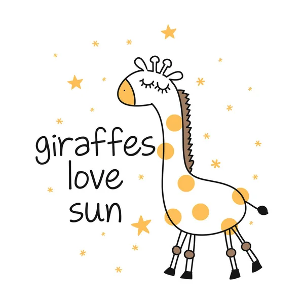Giraffer Älskar Sol Rolig Giraffkaraktär Och Textteckning Brevaffisch Eller Shirt — Stock vektor