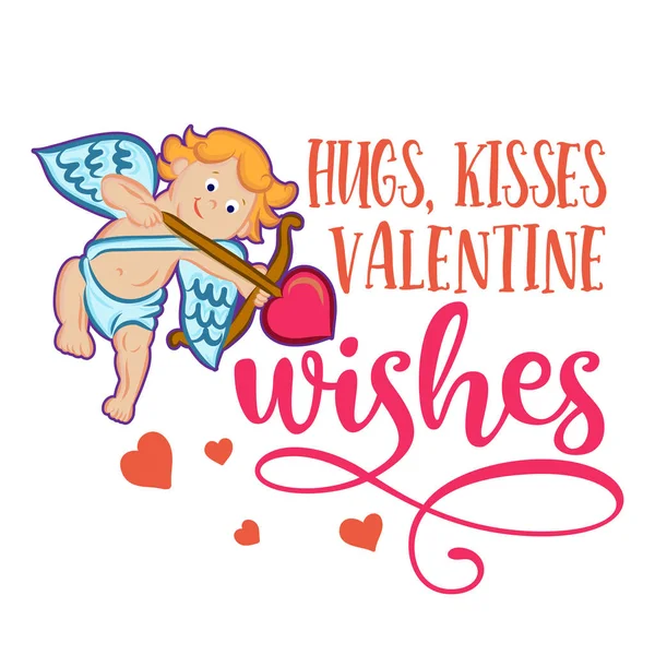 Hugs Kisses Valentine Wishes Love Day Typography Handwriting Romantic Lettering — 스톡 벡터