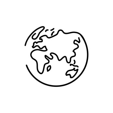 Gezegen Dünya çizgisi sanatı - tek çizgi tarzı dünya. Posterler, el ilanları, tişörtler, kartlar, davetiyeler, çıkartmalar, logolar için basit modern minimalist tarz vektör tasarımı. El boyalı fırça kalem.