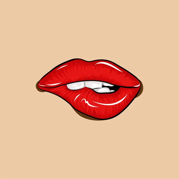 Bite Sexy Lips Drawing Red Lips Biting Retro Icon Isolated — 스톡 벡터
