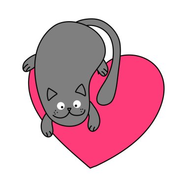 Valentine's Day cat with heart - doodle character, funny hand drawn design with kitty. Good for poster, wallpaper, t-shirt, gift, greeting card, coloring book, holiday gift or cat lover quotes.