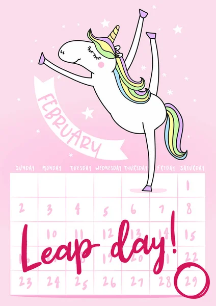 Día Bisiesto Año Bisiesto Febrero Calendario Página Con Unicornio Fondo — Vector de stock