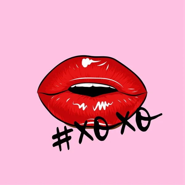 Xoxo Text Red Lips Lovely Greeting Card Phrase Valentine Day — 스톡 벡터