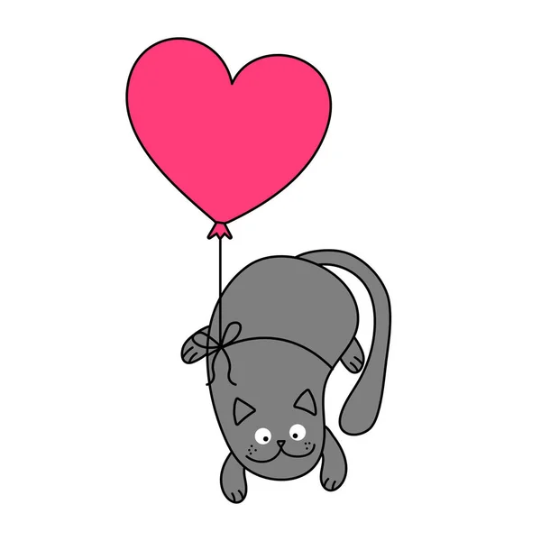 Valentine Heart Σχήμα Μπάλας Και Γάτα Doodle Χαρακτήρα Αστεία Ιπτάμενη — Διανυσματικό Αρχείο