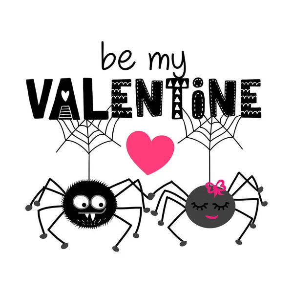 Valentine Hanging Spiders Love Doodle Character Funny Lovely Spider Couple — 스톡 벡터